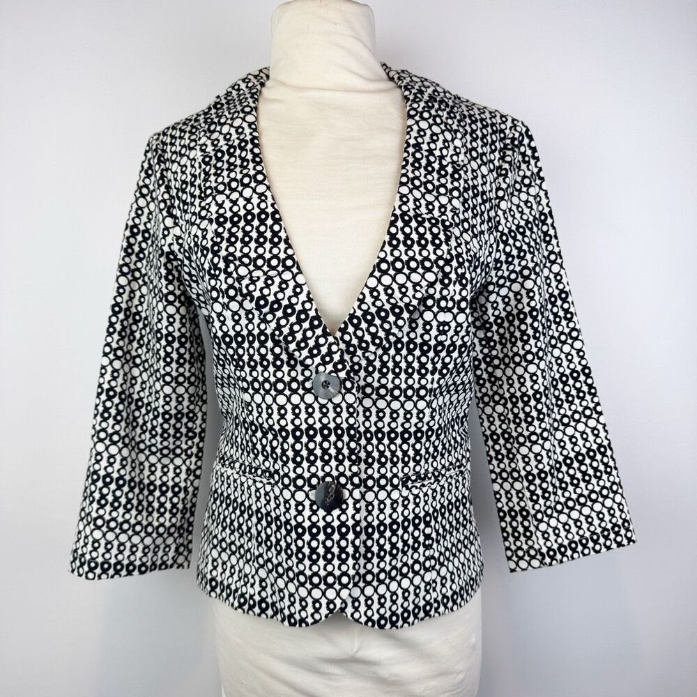 CAbi Du Jour Blazer Black White Geometric Circle Print Cropped Jacket Size 4